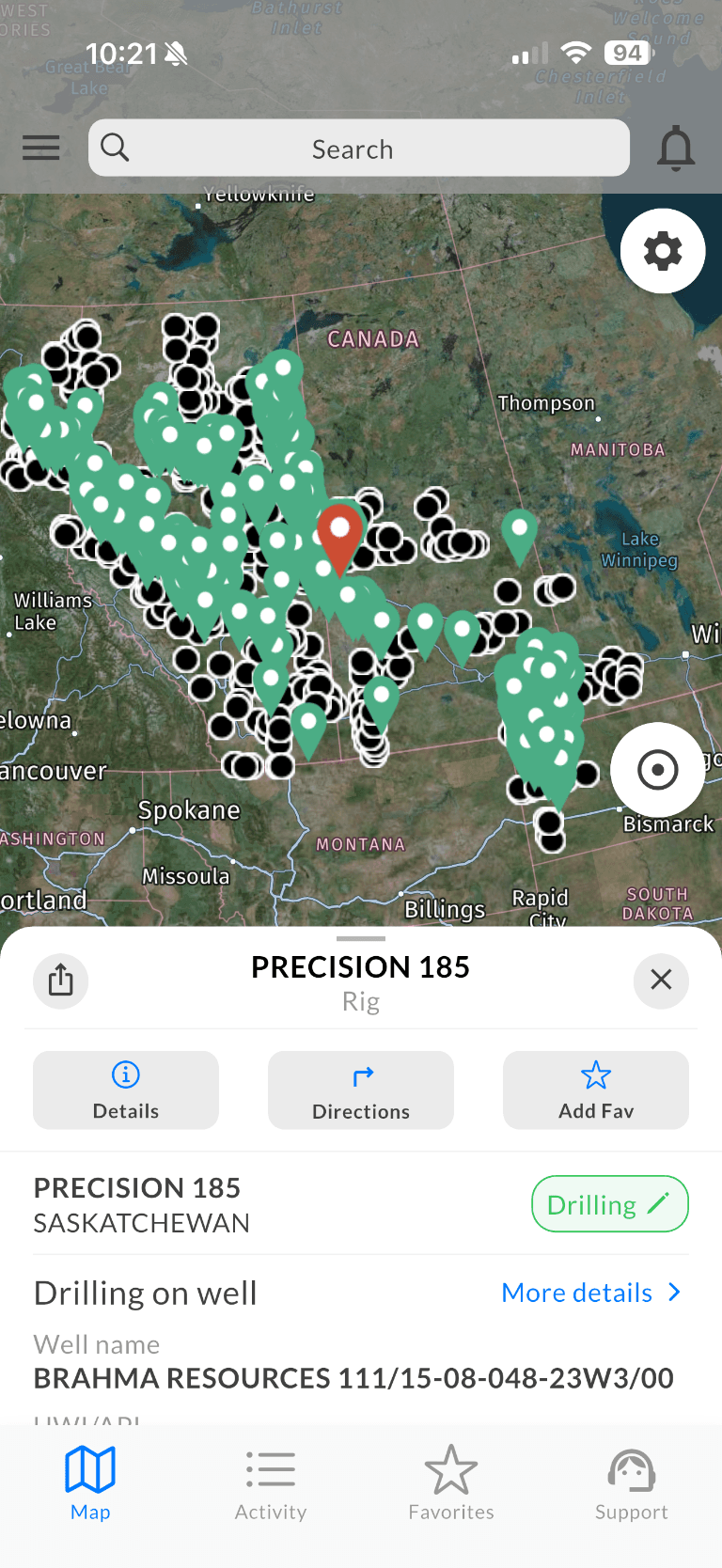 Rig Finder map showing active rig locations across Western Canada and North Dakota