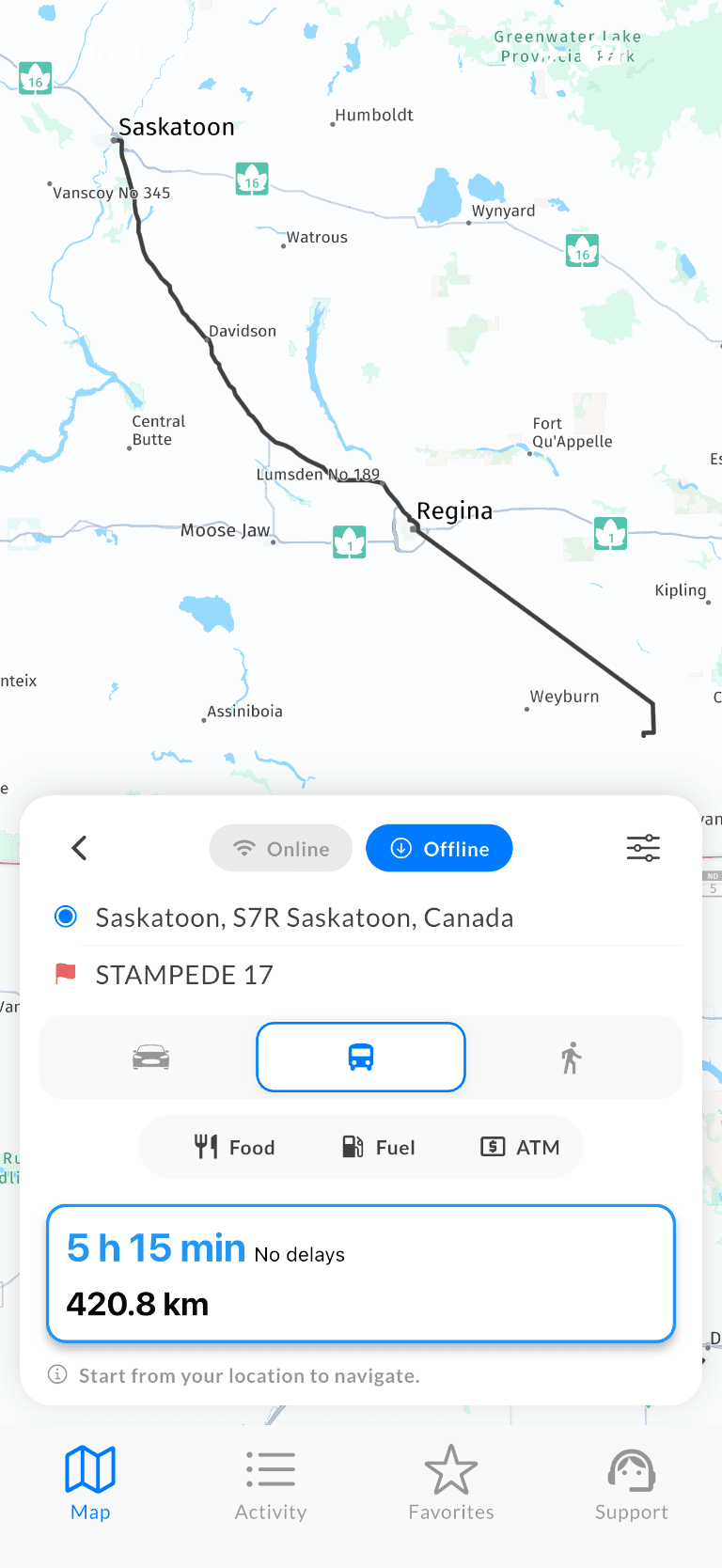 Rig Finder map showing an offline route from Saskatoon to Stampede 17 with vehicle travel options selected