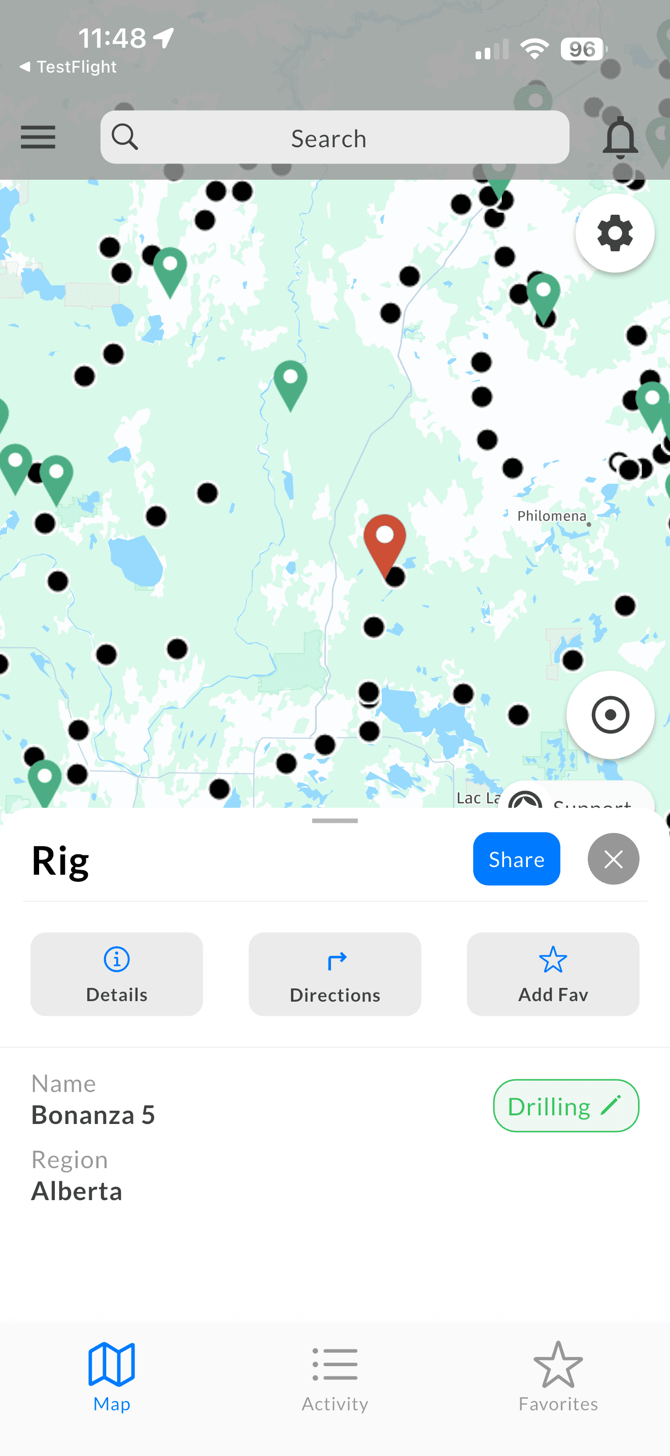 Rig map view showing selected rig Bonanza 5 with details, directions, and favorites actions