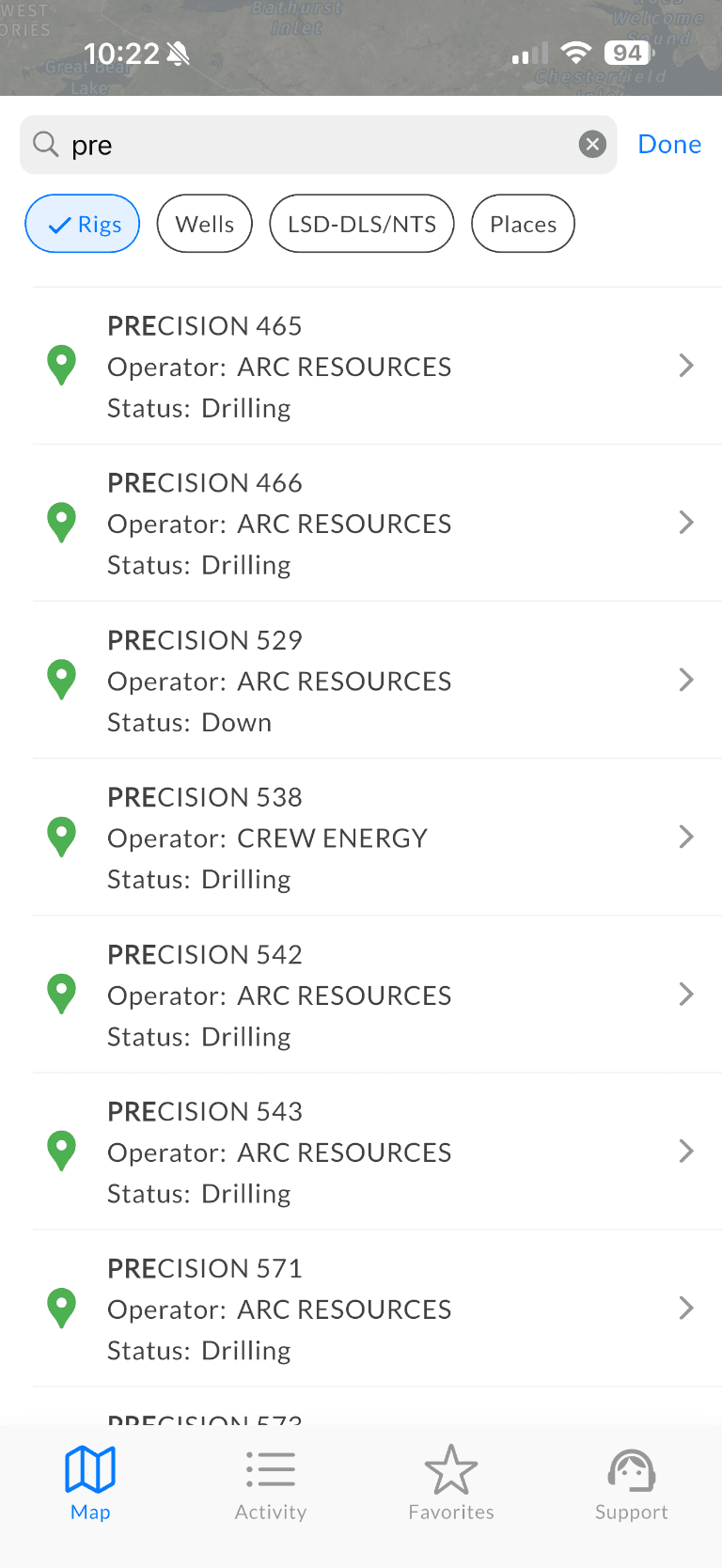 Rig Finder search results with filters for rigs, wells, LSD-DLS/NTS land locations and places